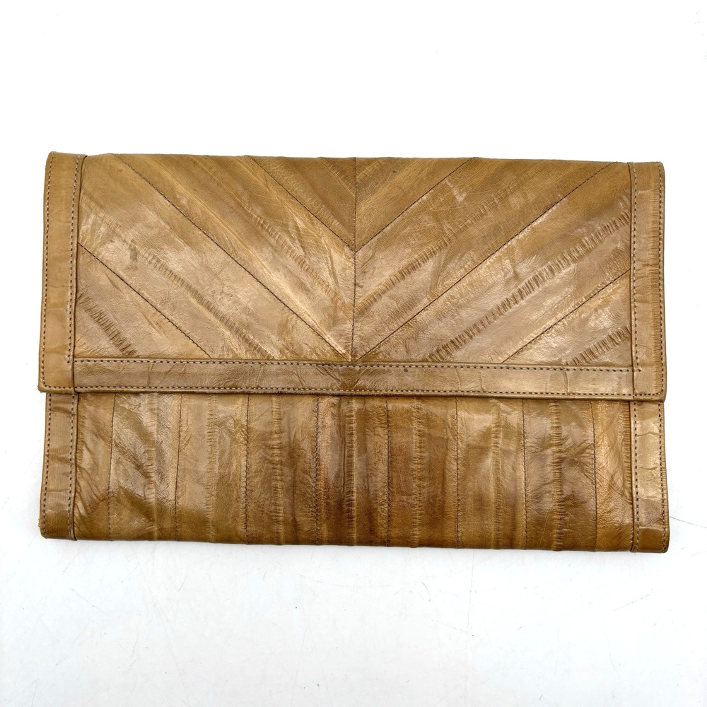 Vintage 70s Tan Genuine Eelskin Leather Large Organizer Clutch Wallet 10x6.5"